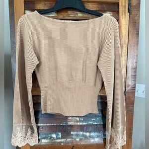 Gimmicks by BKE Beige Ribbed Knit Top with Embroidered Lace-Capped sleeves